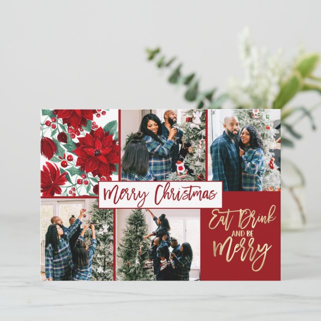 Cartão De Festividades Coma Bebida Feliz Natal Poinsettia Foto Floral (Em pé/Frente)