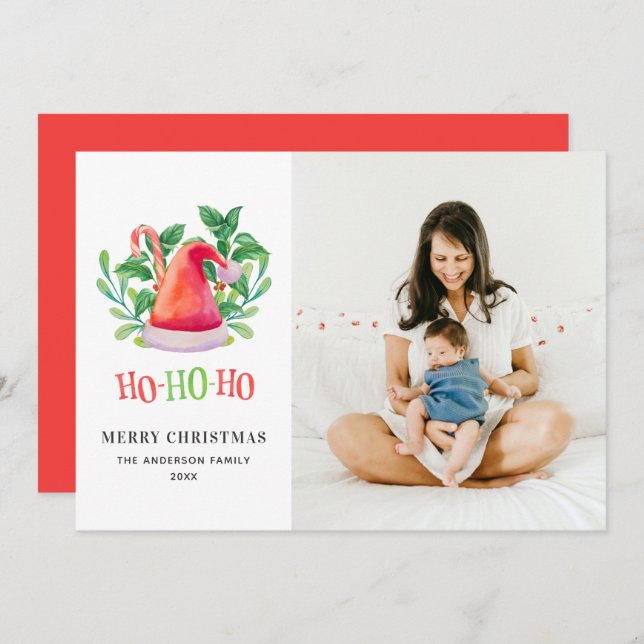 Cartão De Festividades Como? Natal floral com aquarela. Papai Noel (Frente/Verso)