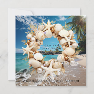 Cartão De Festividades Conchas Estrelas-do-Mar Pérolas Palmeiras Natal  