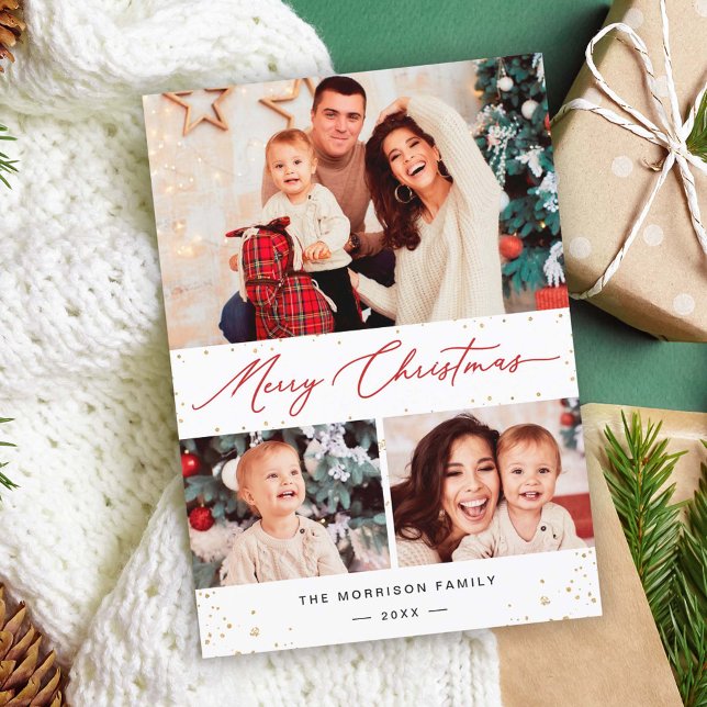 Cartão De Festividades Confetti Dourado moderno Feliz Natal 3 Foto (Criador carregado)
