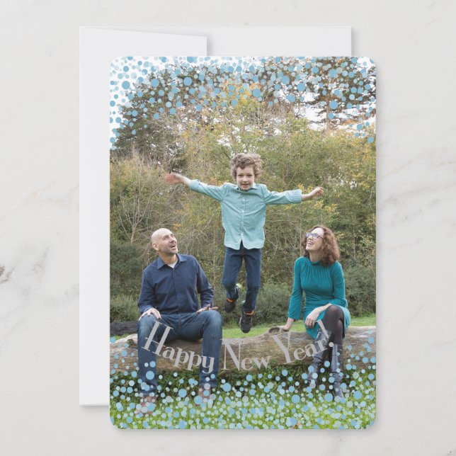 Cartão De Festividades Confetti feliz ano novo Azul (Frente)