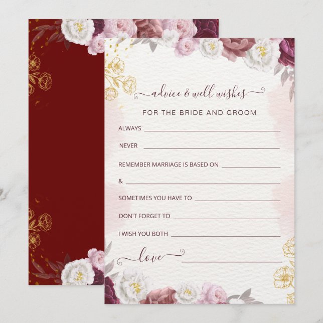 Cartão De Festividades Conselhos e Desejos para Noiva e Noiva (Frente/Verso)