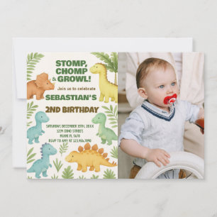 Cartão De Festividades Convidar um Dino Party personalizável com fotograf