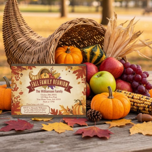 Cartão De Festividades Convocação Rustic Cornucopia Fall Reunion (Criador carregado)