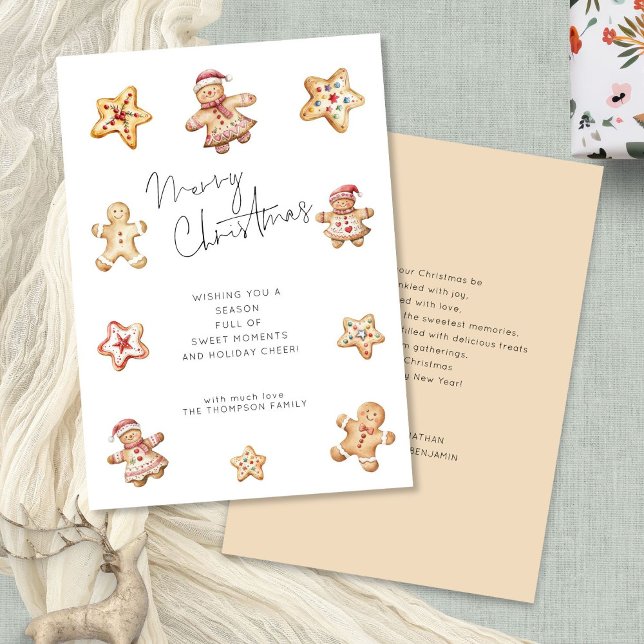 Cartão De Festividades Cookies de Aquarela Pão de Genger Feliz Natal (Front and back view)