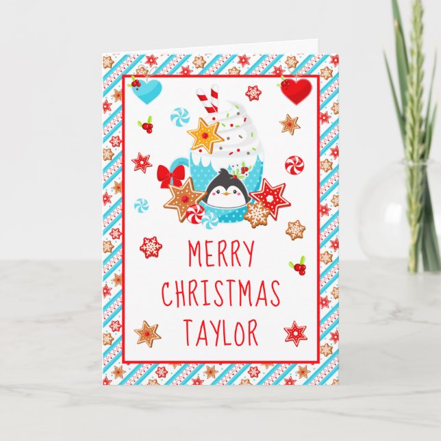 Cartão De Festividades Cookies e cacau Azul Feliz Natal (Frente)