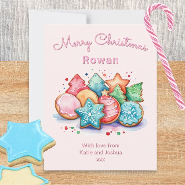 Cartão De Festividades Cookies Festivos De Gado Rosa, Natal Personalizado (A cute personalized Christmas card in pastel pink with festive cookies picture in a watercolor style)