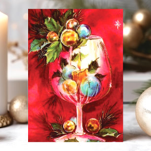 Cartão De Festividades Copo de Vinho de Natal Elegante Vintage Com Vela