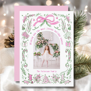 Cartão De Festividades Coquette Christmas Family Photo Pink Green Doodle