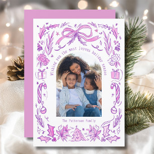 Cartão De Festividades Coquette Christmas Family Photo Purple Pink Doodle