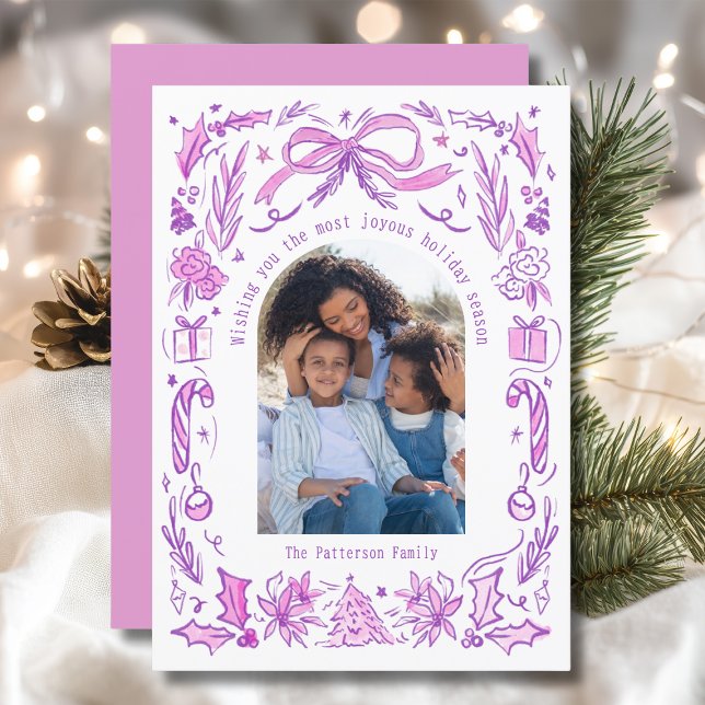 Cartão De Festividades Coquette Christmas Family Photo Purple Pink Doodle (Criador carregado)