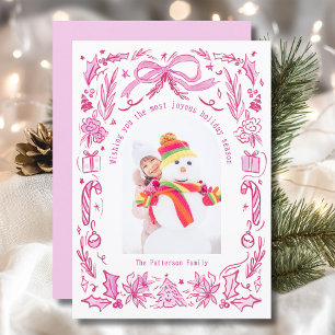 Cartão De Festividades Coquette Christmas Family Photo Red Pink Doodle