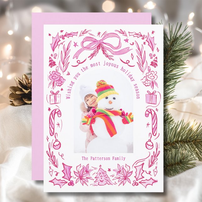 Cartão De Festividades Coquette Christmas Family Photo Red Pink Doodle (Criador carregado)