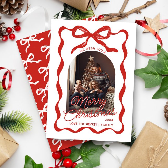 Cartão De Festividades Coquette Curvy Ribbon & Bow Retro Christmas Photo (Criador carregado)