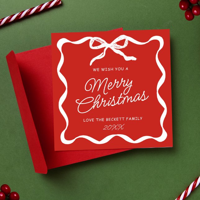 Cartão De Festividades Coquette Curvy Ribbon & Bow Retro Merry Christmas (Criador carregado)