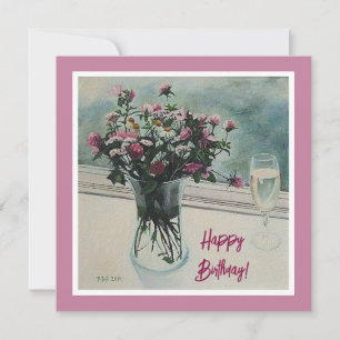 Cartão De Festividades Cor-de-rosa Vintage Flores de aniversário belas pi