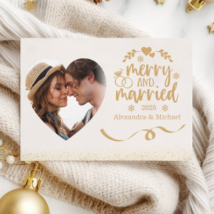 Cartão De Festividades Coração com Brilho Dourado Foto Feliz & Casado