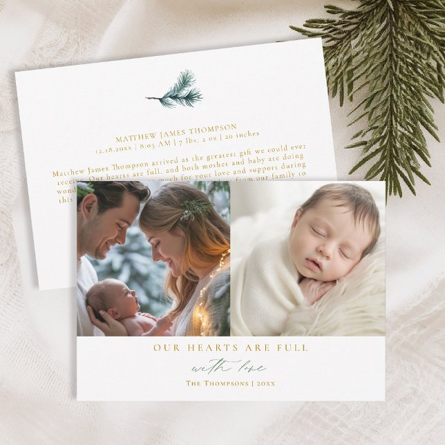 Cartão De Festividades Corações de Natal Família de Pinheiro Mínimo Bebê  (christmas family card baby announcement with love calligraphy simple elegant 2 photos green gold)