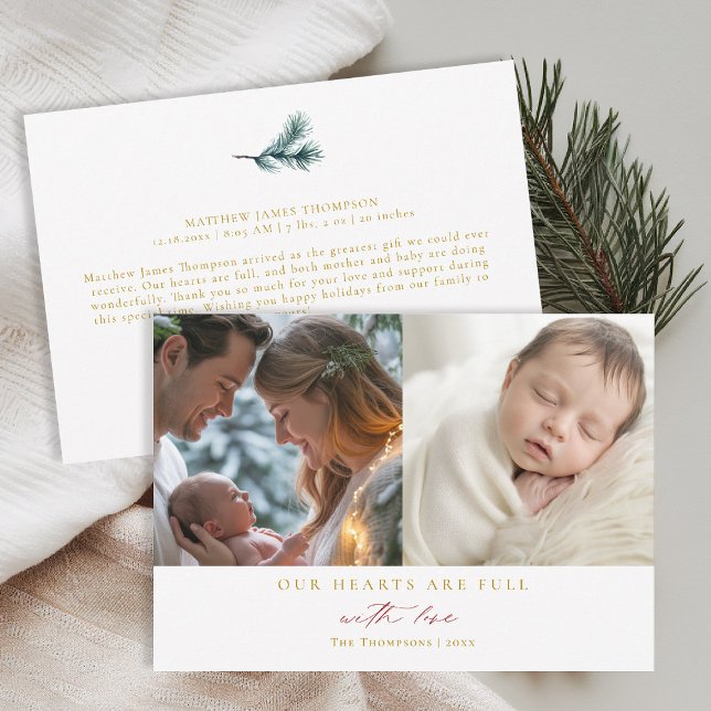 Cartão De Festividades Corações de Natal Minimal Vermelho Família Bebê 2  (christmas family card baby announcement with love calligraphy simple elegant 2 photos red gold)