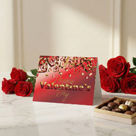 Cartão De Festividades Corações Listrados Vermelhos e Dourados Fofo Dia d