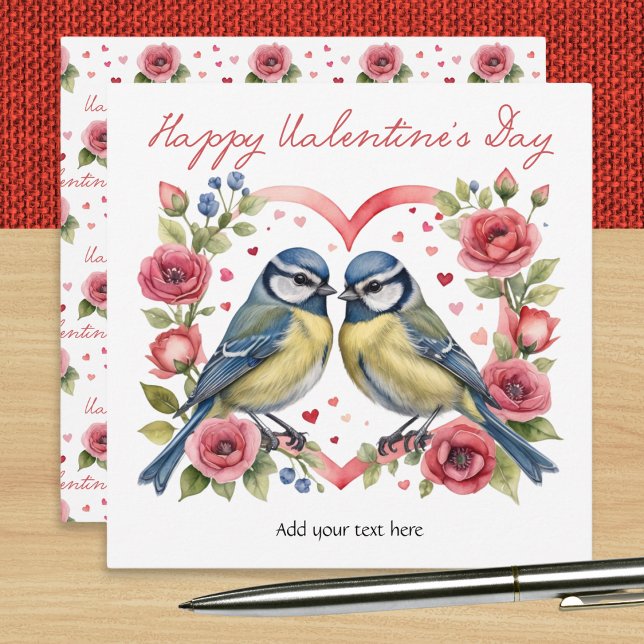 Cartão De Festividades Corações, Rosas e Pássaros | Dia dos Namorados (A personalized Valentine's Day card with picture of two bluetits with love hearts and pink roses)