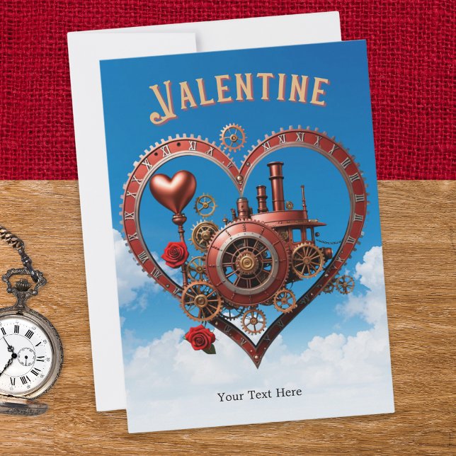 Cartão De Festividades Corações Steampunk Engrenagens Romântico Dia dos N (A personalized Valentine's Day card with a Steampunk design, featuring cogs, roses and hearts)