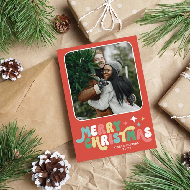 Cartão De Festividades Coral Red Retro Groovy Feliz Natal (Criador carregado)