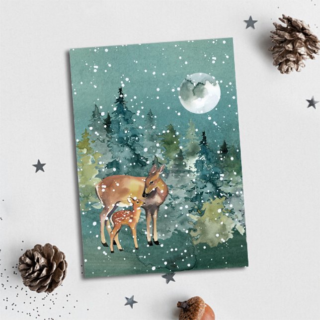 Cartão De Festividades Corça e Cervo no Bosque Neve Lua Cheia (Doe and Fawn Deer in Forest Full Moon Snowfall Holiday Card)