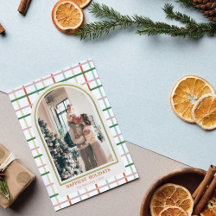 Cores pastéis rústicas Xadrez Foto Feliz Natal 
