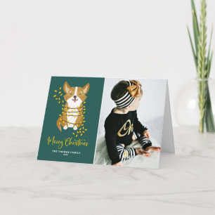 Cartão De Festividades Corgi Bonito em Luzes de Corda Foto Feliz Natal