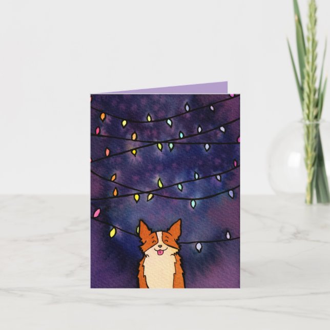 Cartão De Festividades Corgi Fofo Com Aquarela de Luzes Festivas (Frente)