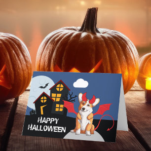 Cartão De Festividades Corgi fofo de Halloween fantasiado de demônio