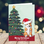 Cartão De Festividades Corgi Personalizado Bonito na Árvore de Natal Sant<br><div class="desc">Este lindo cão Pembroke Welsh Corgi tem a cabeça inclinada dentro de um bonitinho chapéu de Papai Noel. O filhote está sentado em frente a uma bonito árvore de Natal decorada com ornamentos coloridos. Feliz Natal está escrito na frente com encantadora cursiva neste cartão de festas personalizado com um maravilhoso...</div>