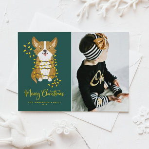Cartão De Festividades Corgi Pintado à Mão em Luzes Foto de Cachorro Nata