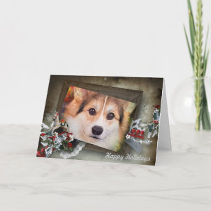 Cartão De Festividades Corgi Tricolor de Férias em Moldura de Madeira
