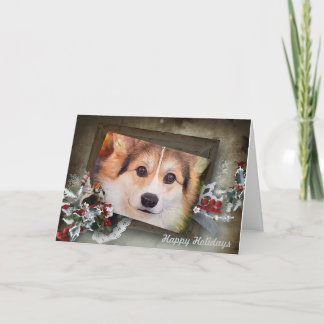 Cartão De Festividades Corgi Tricolor de Férias em Moldura de Madeira