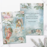 Cartão De Festividades Coro de Natais vintages Invernos Colagem<br><div class="desc">Colagem encantadora de lindos anjos vitorianos,  pinheiro coberto de neve,  rosas,  holly,  música de Natal,  tipografia,  vergreens e paisagens rurais rústicas,  confinadas com delicado filigre branco sobre fundo azul claro do céu.</div>