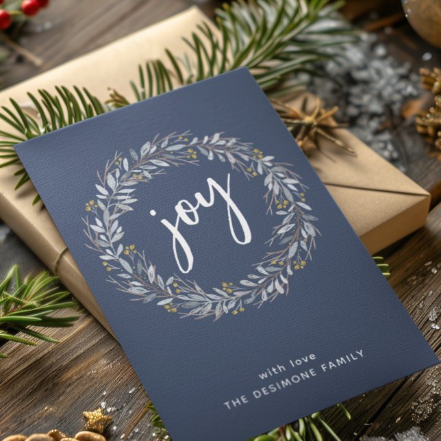 Cartão De Festividades Coroa Botânica Aquarela Alegria Natal Azul (Criador carregado)