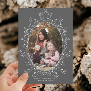 Cartão De Festividades Coroa Botânica Elegante Natal Foto Cinza