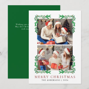 Cartão De Festividades Coroa de Aguarela Clássica 2 Fotos Feliz Natal 