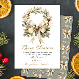 Cartão De Festividades Coroa de Aquarela Elegante com Laço Dourado Feliz