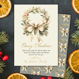 Cartão De Festividades Coroa de Aquarela Elegante com Laço Dourado Feliz