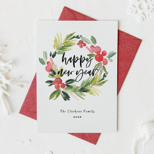 Cartão De Festividades Coroa de Azevinho em Aquarela Ano Novo Botânico