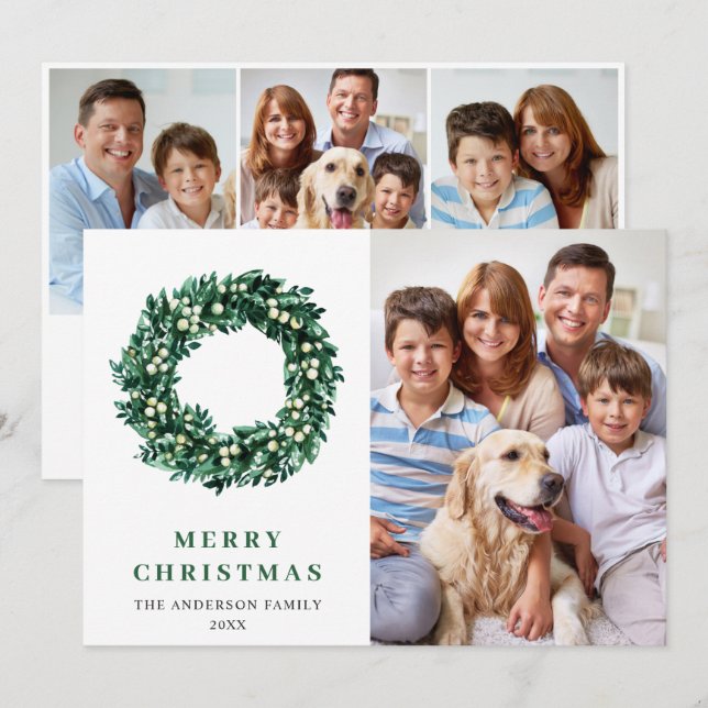 Cartão De Festividades Coroa de Azevinho Festivo Natal 4 FOTO Saudação (Frente/Verso)