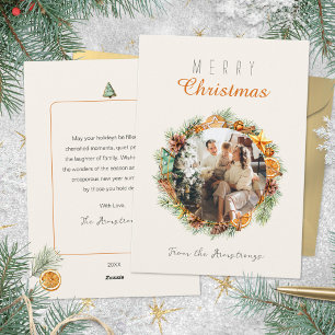 Cartão De Festividades Coroa de Laranja Seca em Aquarela Foto Natal
