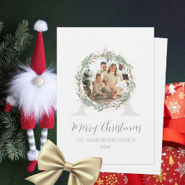 Cartão De Festividades Coroa de Monograma de Foto de Natal Deep Sage