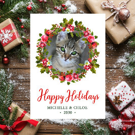 Cartão De Festividades Coroa de Natal com Foto de Gato