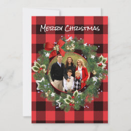 Cartão De Festividades Coroa de Natal com Foto Personalizada em Xadrez de