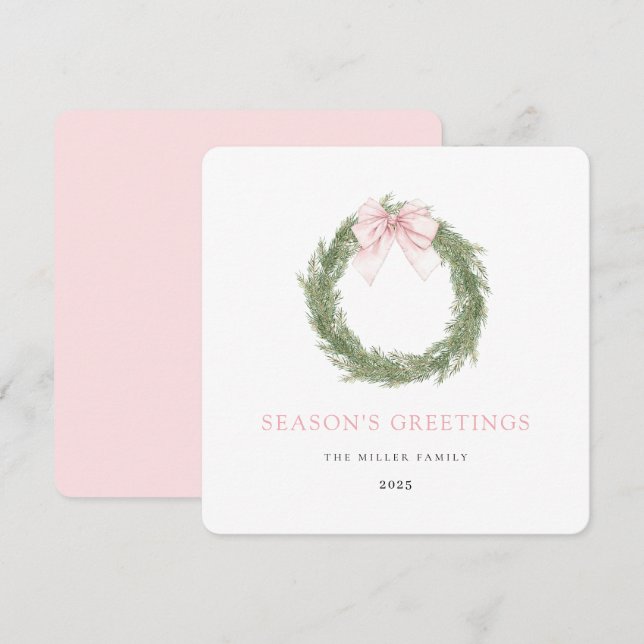 Cartão De Festividades Coroa de Natal com Laço Rosa (Frente/Verso)
