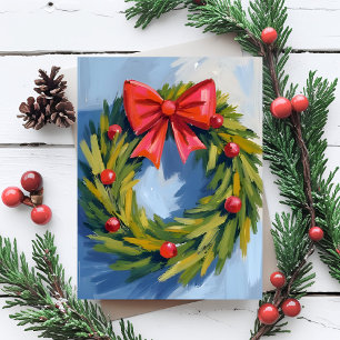 Cartão De Festividades Coroa de Natal com Laço Vermelho   Aquarela